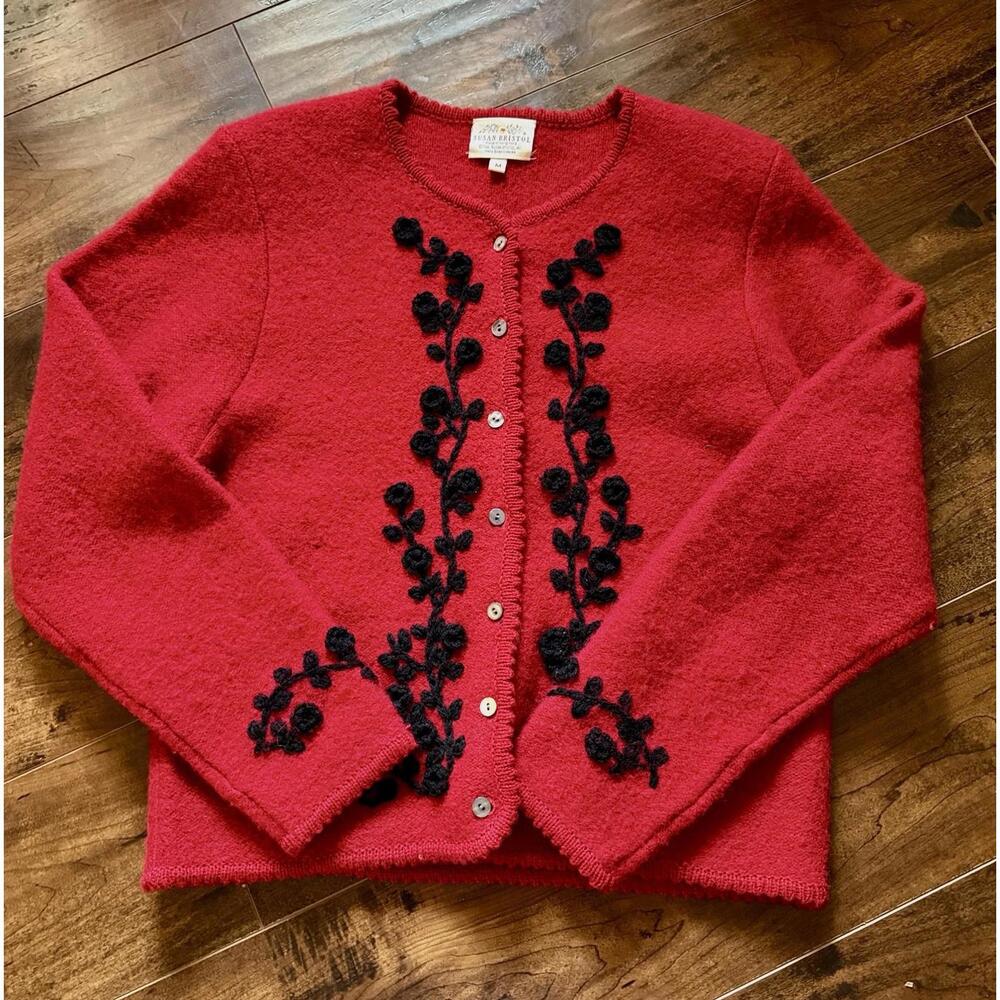 Vintage Susan Bristol Wool Sweater Women's M Hand Embroidered Hong Kong Red